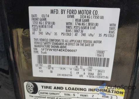 2014 Ford F-150 Fx4 из США, поврежденный, VIN 1FTFW1EF4EKD96697